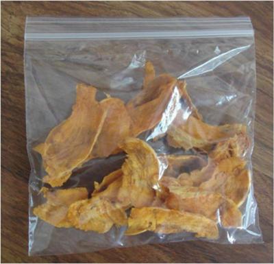 Place sweet potato dog chews in zip-lock bag and store in refrigerator or freezer